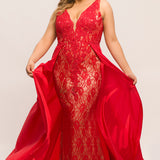 JK2016 Johnathan Kayne for Sydney's Closet sexy plus size evening gown in black, red, green, ivory or pink in lace over nude knit sheath silhouette, deep V-neckline, tone-on-tone beading and taffeta flyaway skirt.
