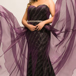 JK2017 deep purple plus size evening gown with strapless sweetheart bodice, beaded waistline, velvet sheath silhouette with embellished silver design. Attached organza fly-away skirt overlay with sweep train.