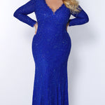 JK2104 Mercedes Pageant Gown Johnathan Kayne for Sydney's Closet plus size pageant mermaid dress long sleeved v neck with zipper back available in cobalt, jet black and scarlet