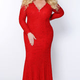 JK2104 Mercedes Pageant Gown Johnathan Kayne for Sydney's Closet plus size pageant mermaid dress long sleeved v neck with zipper back available in cobalt, jet black and scarlet