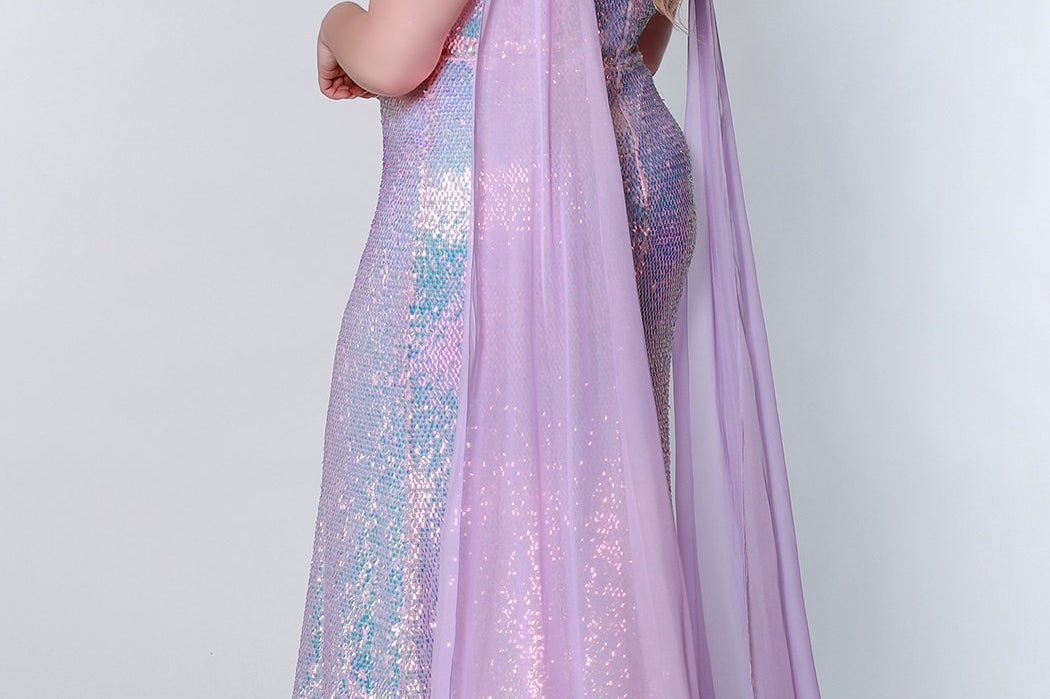 JK2109 Aurora Pageant Gown Johnathan Kayne for Sydney's Closet plus size pageant mermaid dress with zipper back with detachable scarves multi-color sequins available in Lava black Pearlescent white and Lilac 