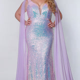 JK2109 Aurora Pageant Gown Johnathan Kayne for Sydney's Closet plus size pageant mermaid dress with zipper back with detachable scarves multi-color sequins available in Lava black Pearlescent white and Lilac 