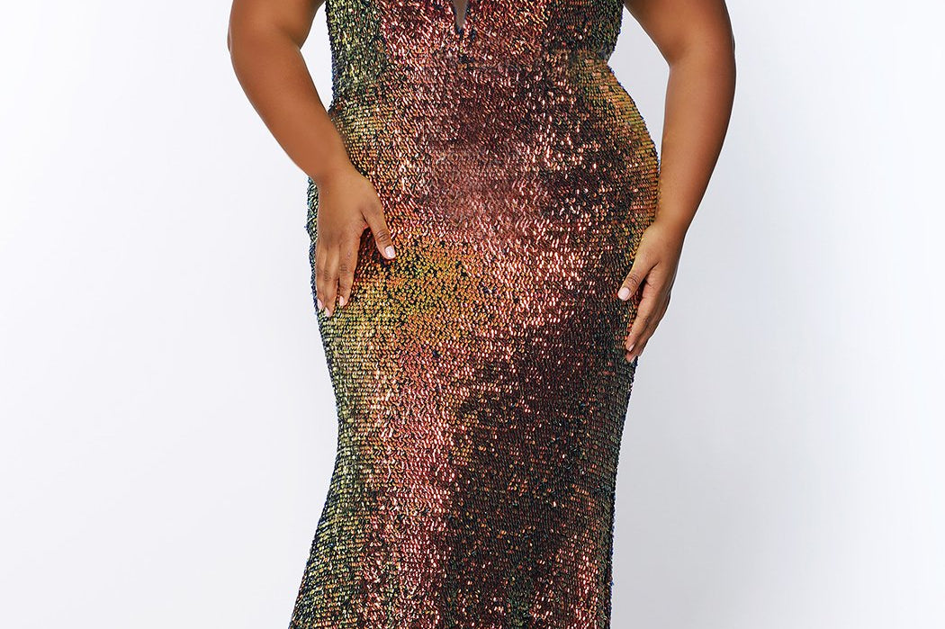 JK2109 Aurora Pageant Gown Johnathan Kayne for Sydney's Closet plus size pageant mermaid dress with zipper back with detachable scarves multi-color sequins available in Lava black Pearlescent white and Lilac 