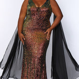 JK2109 Aurora Pageant Gown Johnathan Kayne for Sydney's Closet plus size pageant mermaid dress with zipper back with detachable scarves multi-color sequins available in Lava black Pearlescent white and Lilac 