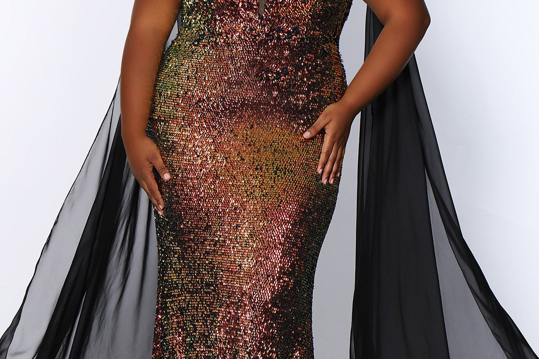 JK2109 Aurora Pageant Gown Johnathan Kayne for Sydney's Closet plus size pageant mermaid dress with zipper back with detachable scarves multi-color sequins available in Lava black Pearlescent white and Lilac 