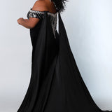 Johnathan Kayne for Sydney's Closet fitted silhouette sweetheart neckline with cape and skirt slit made with stretch velvet available in royal and onyx Jaguar Pageant Gown JK2202