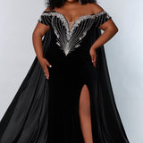 Johnathan Kayne for Sydney's Closet fitted silhouette sweetheart neckline with cape and skirt slit made with stretch velvet available in royal and onyx Jaguar Pageant Gown JK2202