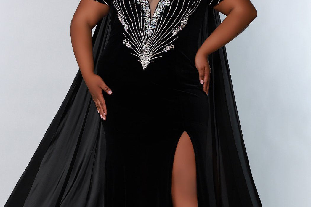 Johnathan Kayne for Sydney's Closet fitted silhouette sweetheart neckline with cape and skirt slit made with stretch velvet available in royal and onyx Jaguar Pageant Gown JK2202