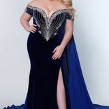 Johnathan Kayne for Sydney's Closet fitted silhouette sweetheart neckline with cape and skirt slit made with stretch velvet available in royal and onyx Jaguar Pageant Gown JK2202