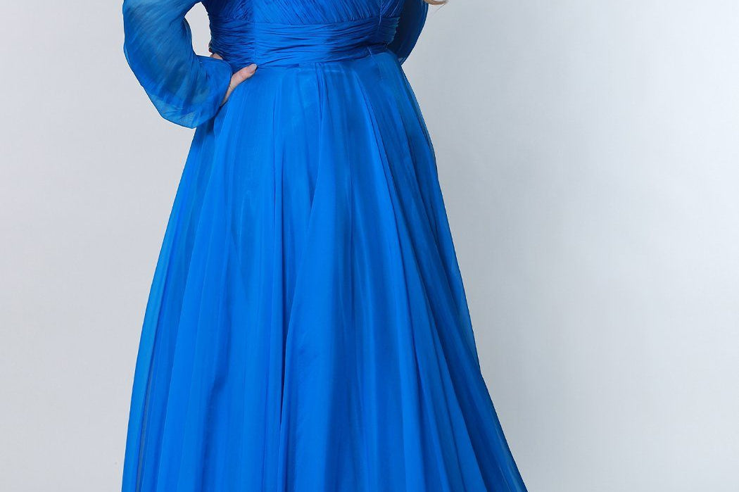  Johnathan Kayne for Sydney's Closet aline silhouette pleated bodice and wasitband with center back zipper and soft chiffon fabric available in bluejay cardinal and raven Lancer Evening Gown JK2205