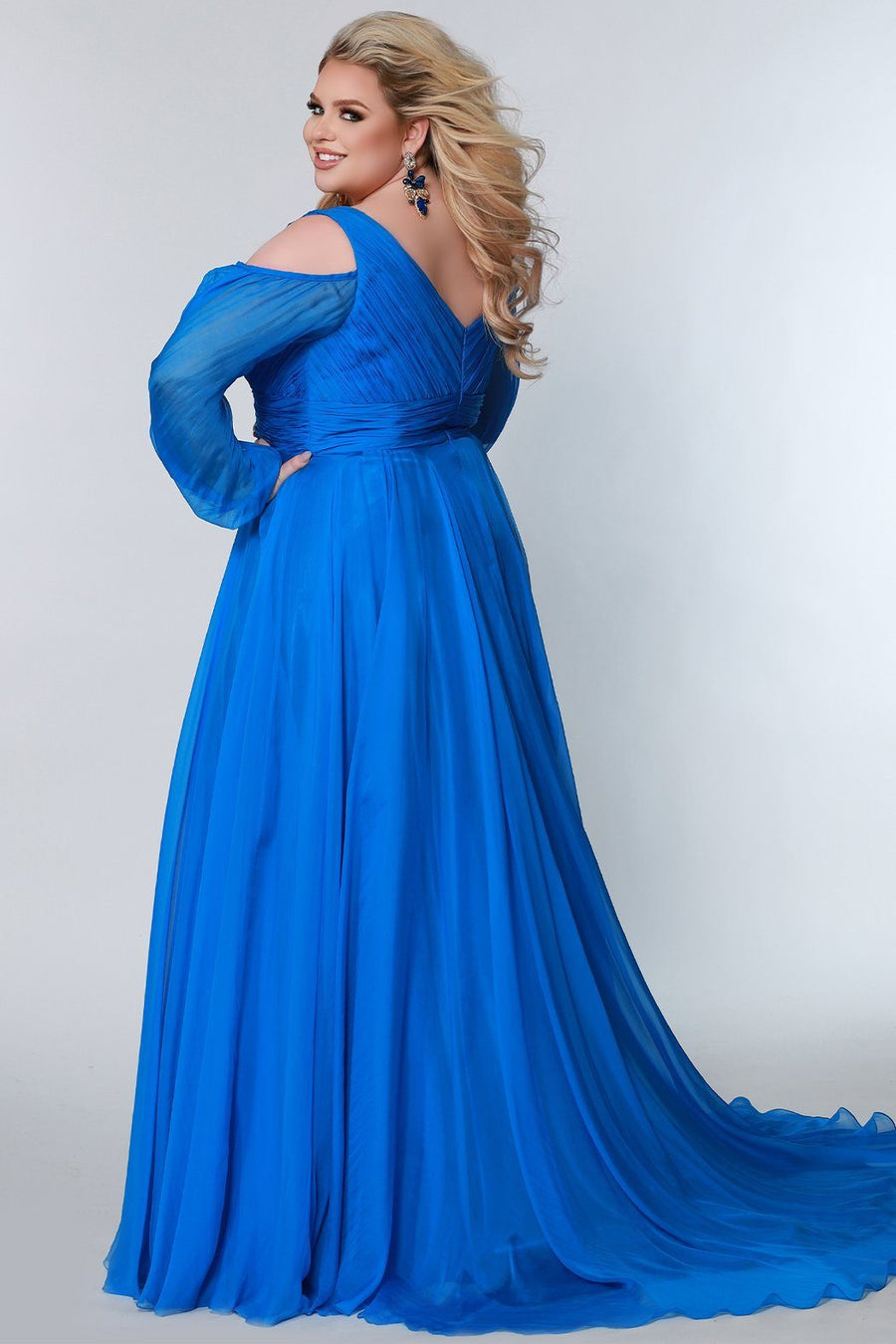 Johnathan Kayne for Sydney's Closet aline silhouette pleated bodice and wasitband with center back zipper and soft chiffon fabric available in bluejay cardinal and raven Lancer Evening Gown JK2205