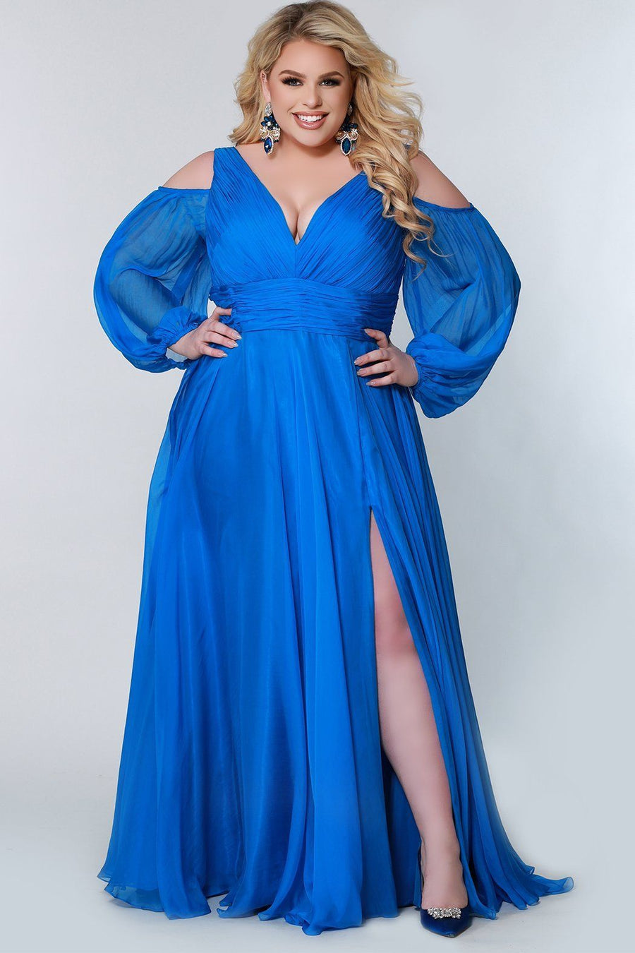 Johnathan Kayne for Sydney's Closet aline silhouette pleated bodice and wasitband with center back zipper and soft chiffon fabric available in bluejay cardinal and raven Lancer Evening Gown JK2205