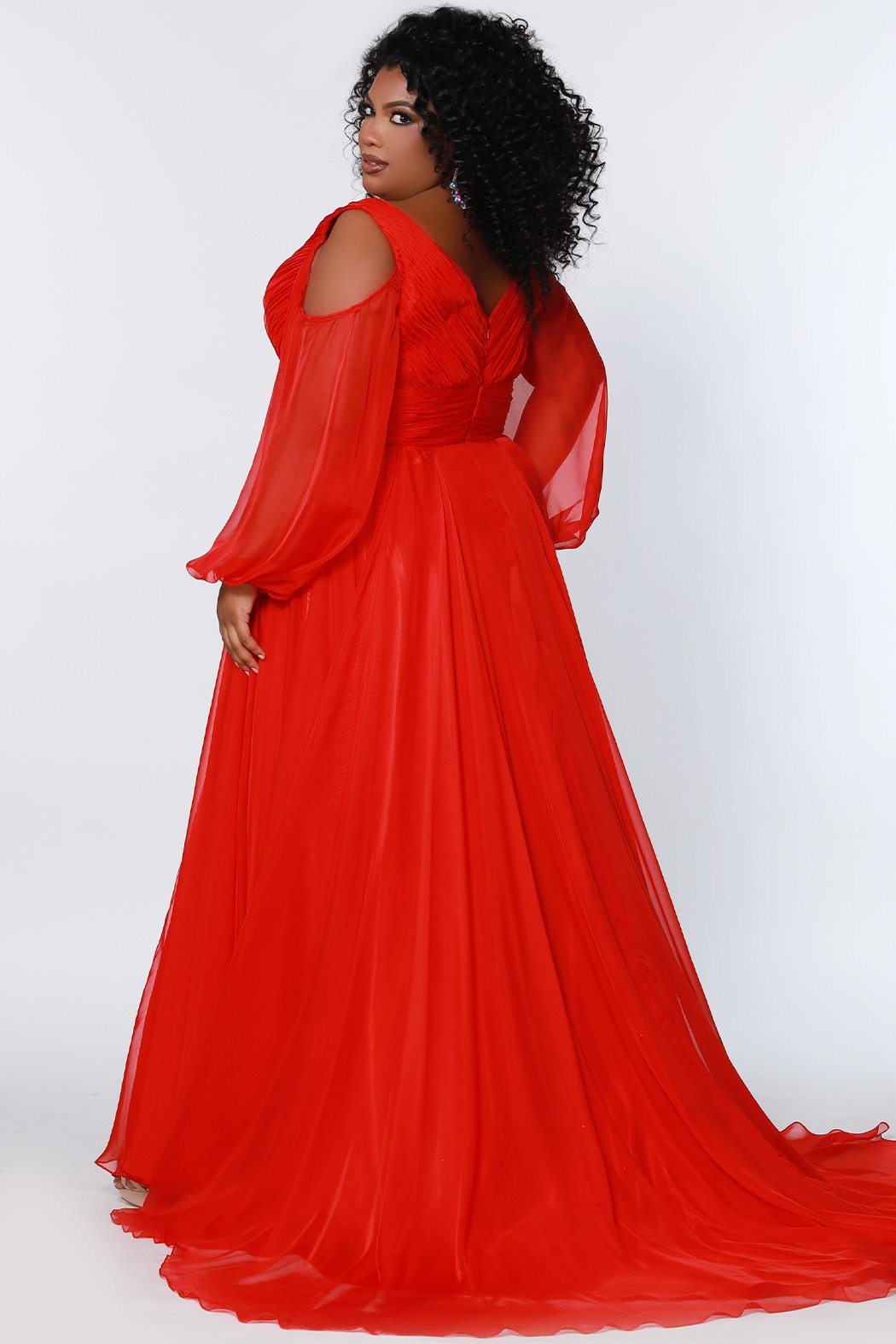 Johnathan Kayne for Sydney's Closet aline silhouette pleated bodice and wasitband with center back zipper and soft chiffon fabric available in bluejay cardinal and raven Lancer Evening Gown JK2205