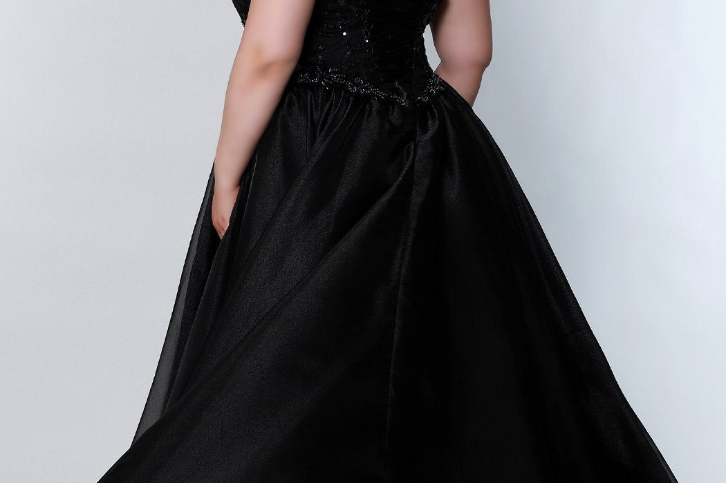 Johnathan Kayne for Sydney's Closet fitted silhouette with lace up back and organza overskirt with strapless bodice and optional straps available in black, capri and hot pink Pagani Pageant Gown JK2206