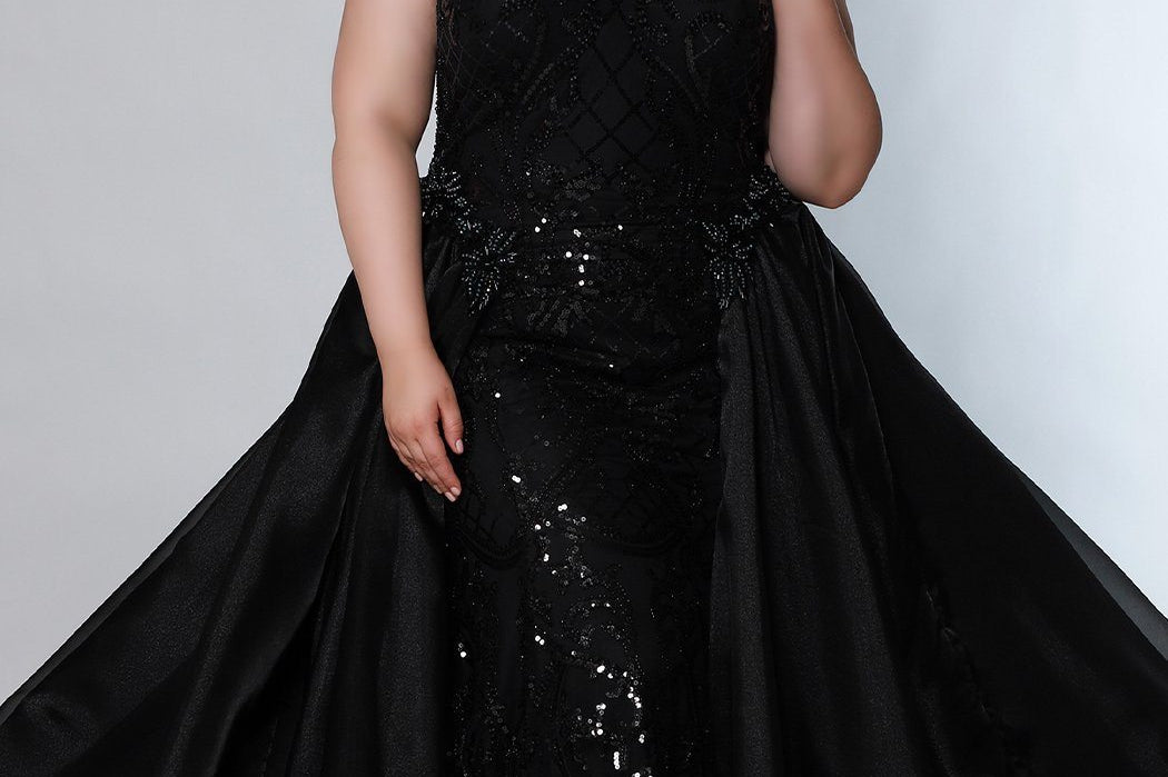 Johnathan Kayne for Sydney's Closet fitted silhouette with lace up back and organza overskirt with strapless bodice and optional straps available in black, capri and hot pink Pagani Pageant Gown JK2206