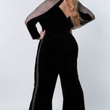 Johnathan Kayne for Sydney's Closet jumpsuit made of stretch velvet with mesh long sleeves and pockets available in caviar Turbo Jumpsuit JK2207 in black