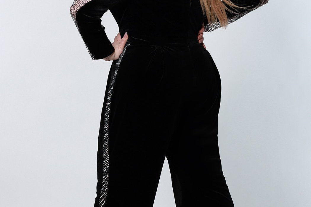 Johnathan Kayne for Sydney's Closet jumpsuit made of stretch velvet with mesh long sleeves and pockets available in caviar Turbo Jumpsuit JK2207 in black