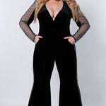 Johnathan Kayne for Sydney's Closet jumpsuit made of stretch velvet with mesh long sleeves and pockets available in caviar Turbo Jumpsuit JK2207 in black