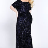 Johnathan Kayne for Sydney's Closet slim fitted silhouette with half sleeves and made with velvet sequin fabric available in cherry and indigo Spark Evening Gown JK2208