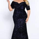 Johnathan Kayne for Sydney's Closet slim fitted silhouette with half sleeves and made with velvet sequin fabric available in cherry and indigo Spark Evening Gown JK2208