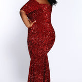 Best seller! Johnathan Kayne for Sydney's Closet plus size pageant, prom, evening, mother of the bride or groom formal gown.  Off-the-shoulder sleeves and fitted silhouette made in vibrant stretch sequins. Style JK2208