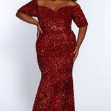 Johnathan Kayne for Sydney's Closet slim fitted silhouette with half sleeves and made with velvet sequin fabric available in cherry and indigo Spark Evening Gown JK2208