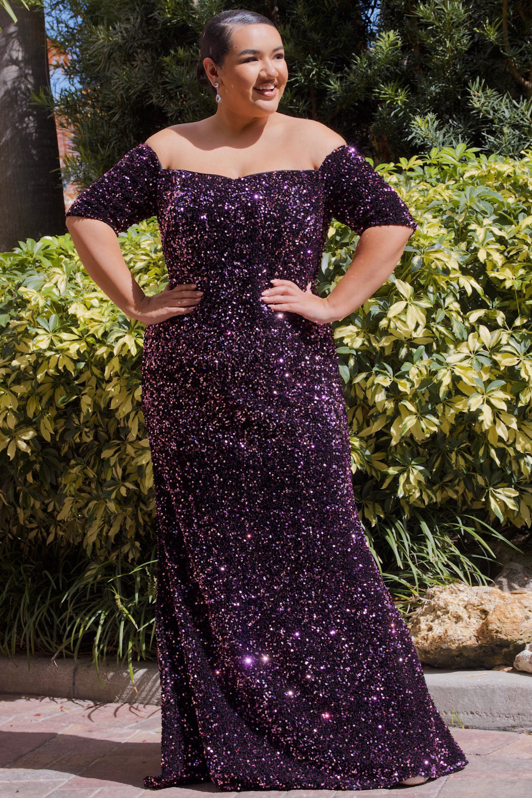 Best seller! Johnathan Kayne for Sydney's Closet plus size pageant, prom, evening, mother of the bride or groom formal gown.  Off-the-shoulder sleeves and fitted silhouette made in vibrant stretch sequins. Style JK2208