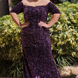 Best seller! Johnathan Kayne for Sydney's Closet plus size pageant, prom, evening, mother of the bride or groom formal gown.  Off-the-shoulder sleeves and fitted silhouette made in vibrant stretch sequins. Style JK2208