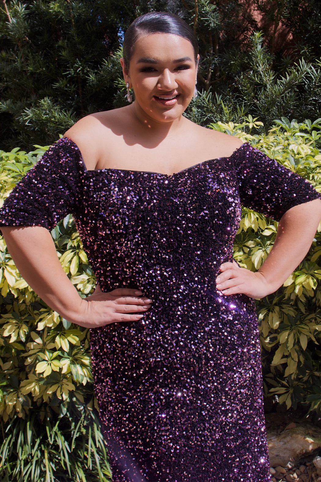 Best seller! Johnathan Kayne for Sydney's Closet plus size pageant, prom, evening, mother of the bride or groom formal gown.  Off-the-shoulder sleeves and fitted silhouette made in vibrant stretch sequins. Style JK2208