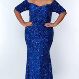 Best seller! Johnathan Kayne for Sydney's Closet plus size pageant, prom, evening, mother of the bride or groom formal gown.  Off-the-shoulder sleeves and fitted silhouette made in vibrant stretch sequins. Style JK2208