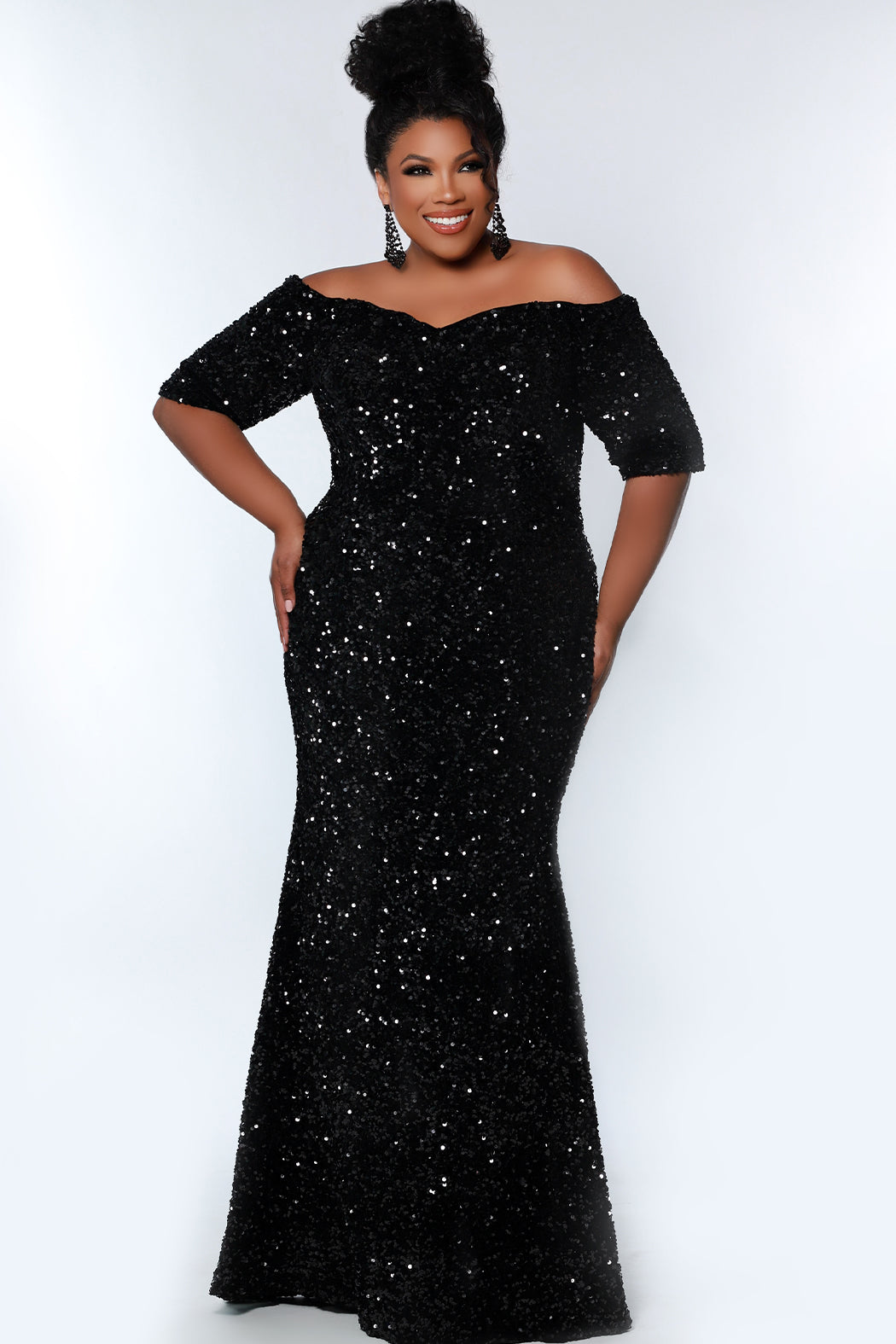 Best seller! Johnathan Kayne for Sydney's Closet plus size pageant, prom, evening, mother of the bride or groom formal gown.  Off-the-shoulder sleeves and fitted silhouette made in vibrant stretch sequins. Style JK2208