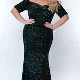 Best seller! Johnathan Kayne for Sydney's Closet plus size pageant, prom, evening, mother of the bride or groom formal gown.  Off-the-shoulder sleeves and fitted silhouette made in vibrant stretch sequins. Style JK2208