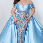 Johnathan Kayne for Sydney's Closet slim fitted silhouette with plunging sweetheart neckline and mikado hostess overskirt and off the shoulder cuff available in powder blue and scarlet Avalon Pageant Gown JK2213