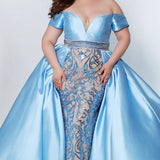 Johnathan Kayne for Sydney's Closet slim fitted silhouette with plunging sweetheart neckline and mikado hostess overskirt and off the shoulder cuff available in powder blue and scarlet Avalon Pageant Gown JK2213