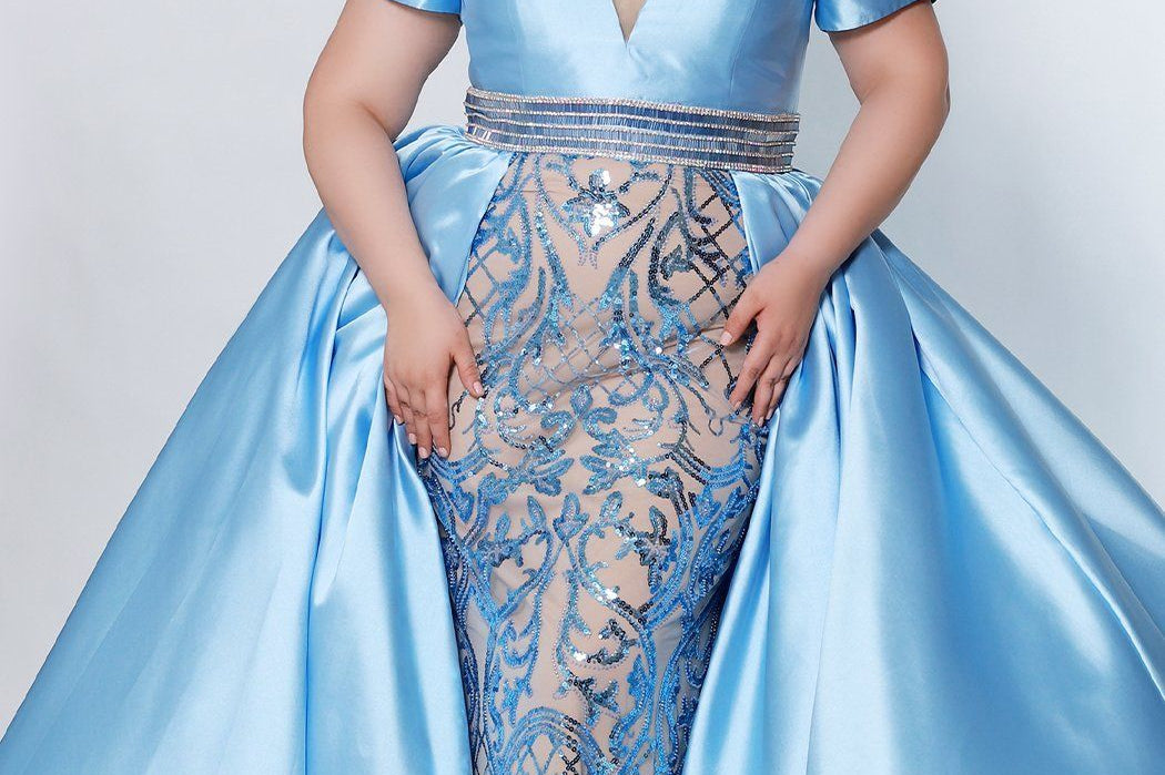 Johnathan Kayne for Sydney's Closet slim fitted silhouette with plunging sweetheart neckline and mikado hostess overskirt and off the shoulder cuff available in powder blue and scarlet Avalon Pageant Gown JK2213