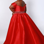 Johnathan Kayne for Sydney's Closet slim fitted silhouette with plunging sweetheart neckline and mikado hostess overskirt and off the shoulder cuff available in powder blue and scarlet Avalon Pageant Gown JK2213