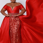 Johnathan Kayne for Sydney's Closet slim fitted silhouette with plunging sweetheart neckline and mikado hostess overskirt and off the shoulder cuff available in powder blue and scarlet Avalon Pageant Gown JK2213