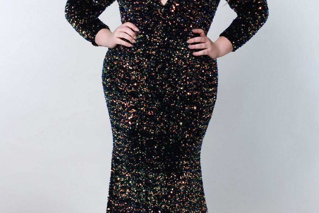 Johnathan Kayne for Sydney's Closet slim fitted silhouette long sleeves also has shoulder pads and adjustable neckline zipper made with sequin stretch velvet available in supernova Thunderbird Evening Gown JK2216