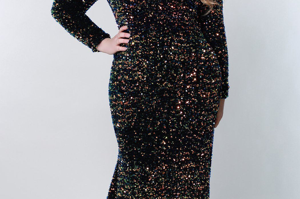 Johnathan Kayne for Sydney's Closet slim fitted silhouette long sleeves also has shoulder pads and adjustable neckline zipper made with sequin stretch velvet available in supernova Thunderbird Evening Gown JK2216