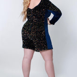 Johnathan Kayne for Sydney's Closet romper with long sleeves and dteatchable charmeuse overskirt with v neckline made with sequin stretch velvet available in supernova Starfire Romper JK2217