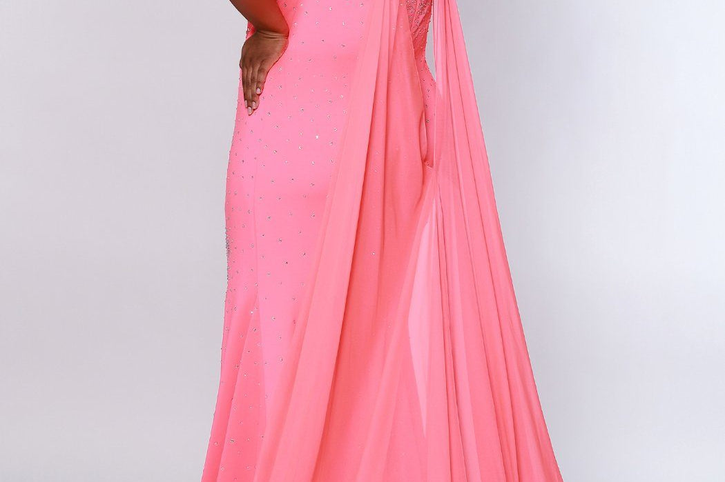 Johnathan Kayne for Sydney's Closet princess line slim silhouette with deep v neckline all over ab hotfix stones and center back zipper available in deep red, hot coral and white ice Maverick Pageant Gown JK2218