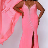 Johnathan Kayne for Sydney's Closet princess line slim silhouette with deep v neckline all over ab hotfix stones and center back zipper available in deep red, hot coral and white ice Maverick Pageant Gown JK2218 - Now also avialable in neon Lemon Lime, deep purple and aquamarine.