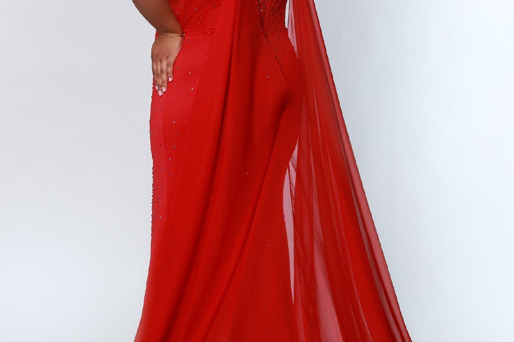 Johnathan Kayne for Sydney's Closet princess line slim silhouette with deep v neckline all over ab hotfix stones and center back zipper available in deep red, hot coral and white ice Maverick Pageant Gown JK2218