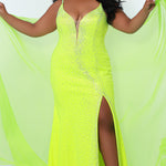 Johnathan Kayne for Sydney's Closet princess line slim silhouette with deep v neckline all over ab hotfix stones and center back zipper available in deep red, hot coral and white ice Maverick Pageant Gown JK2218 - Now also avialable in neon Lemon Lime, deep purple and aquamarine.