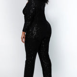 Johnathan Kayne for Sydney's Closet jumpsuit with v neckline and detatchable charmeuse overskirt and long sleeves made of stretch sequin fabric available in firecracker and jet Matador Pageant Jumpsuit JK2220