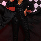 Johnathan Kayne for Sydney's Closet jumpsuit with v neckline and detatchable charmeuse overskirt and long sleeves made of stretch sequin fabric available in firecracker and jet Matador Pageant Jumpsuit JK2220