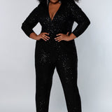 Johnathan Kayne for Sydney's Closet jumpsuit with v neckline and detatchable charmeuse overskirt and long sleeves made of stretch sequin fabric available in firecracker and jet Matador Pageant Jumpsuit JK2220