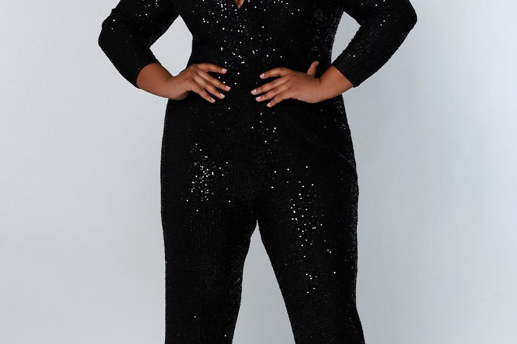 Johnathan Kayne for Sydney's Closet jumpsuit with v neckline and detatchable charmeuse overskirt and long sleeves made of stretch sequin fabric available in firecracker and jet Matador Pageant Jumpsuit JK2220