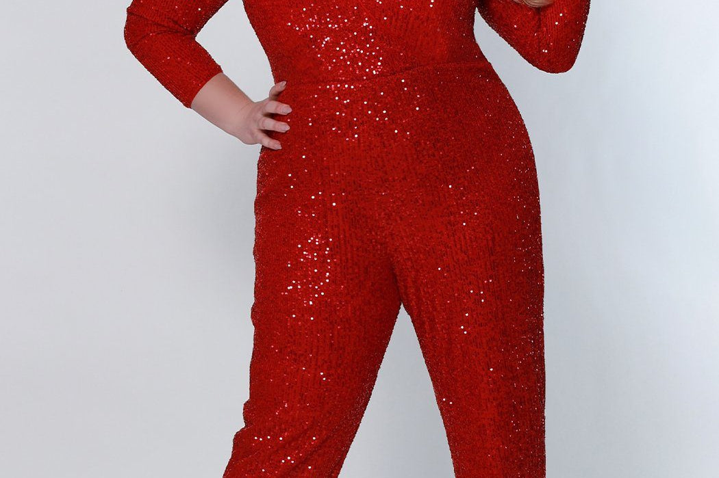 Johnathan Kayne for Sydney's Closet jumpsuit with v neckline and detatchable charmeuse overskirt and long sleeves made of stretch sequin fabric available in firecracker and jet Matador Pageant Jumpsuit JK2220