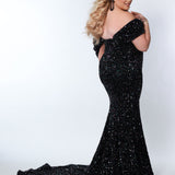 Johnathan Kayne for Sydney's Closet JK2313 Kaleidoscope. Sequin paillette on stretch velvet, Mermaid/Fitted silhouette, Sweetheart neckline, Detachable drape sleeve, Natural waistline, Long invisible center back zipper, Slim/fitted skirt, Train with center back godet, Horsehair hem